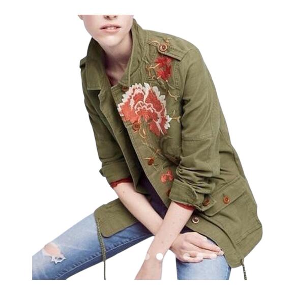 Anthropologie Hei Hei Utility Jacket XS Olive Green Floral Embroidered Boho Fall - Picture 1 of 13